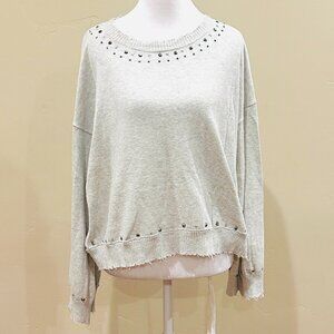 MINNIE ROSE GREY STUDDED & FRAYED HEM COTTON SWEATER MEDIUM